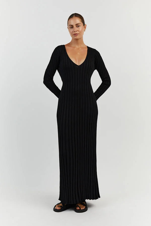 Roayaxa | Robe midi tricotée col V pour femmes
