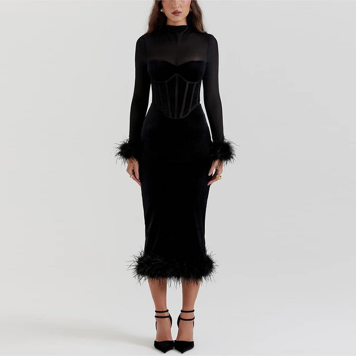 Roarraxa | Robe midi élégante avec plumes