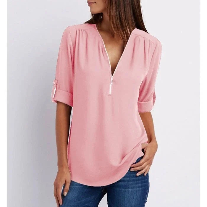 Vaosiala | Plus Size Blouse à manches 3/4 en vrac avec fermeture éclair