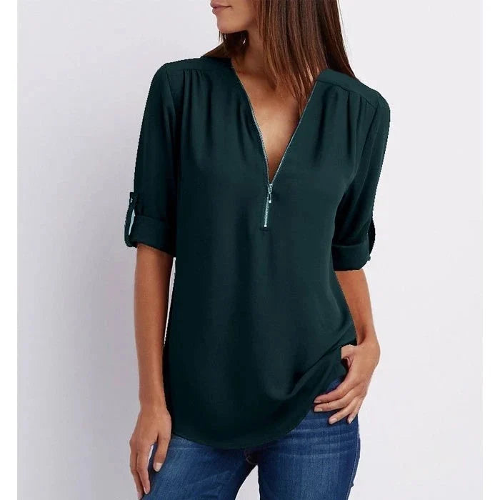 Vaosiala | Plus Size Blouse à manches 3/4 en vrac avec fermeture éclair