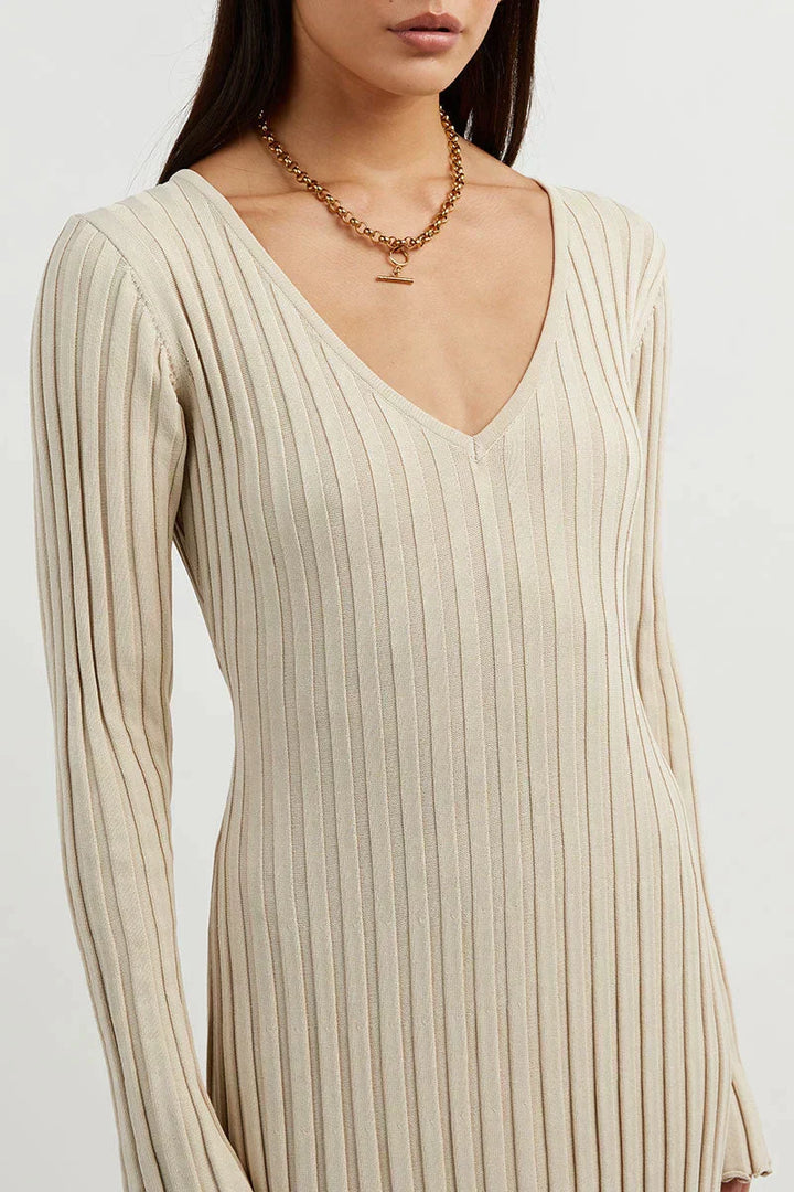 Roayaxa | Robe midi tricotée col V pour femmes