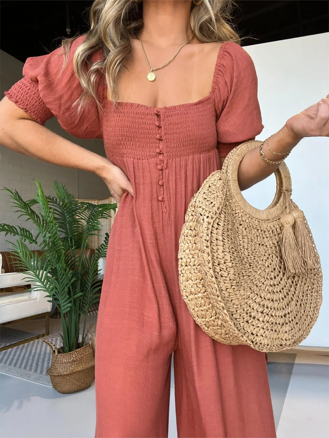 Rielleaxa | Robe de femme avec corsage smocké Bouton