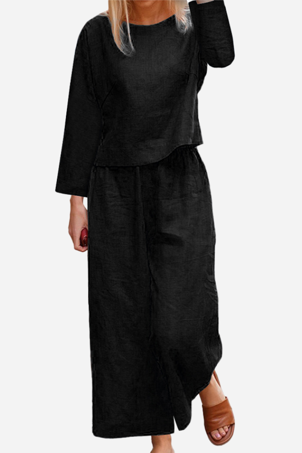 Liayaxa | Ensemble en lin aéré avec un haut à plusieurs couches et des jambes de pantalon larges