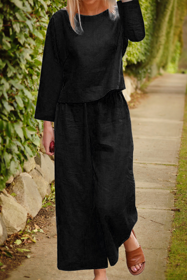 Liayaxa | Ensemble en lin aéré avec un haut à plusieurs couches et des jambes de pantalon larges