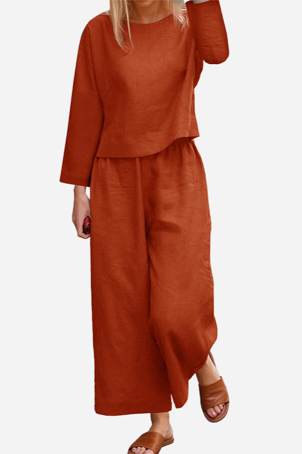 Liayaxa | Ensemble en lin aéré avec un haut à plusieurs couches et des jambes de pantalon larges
