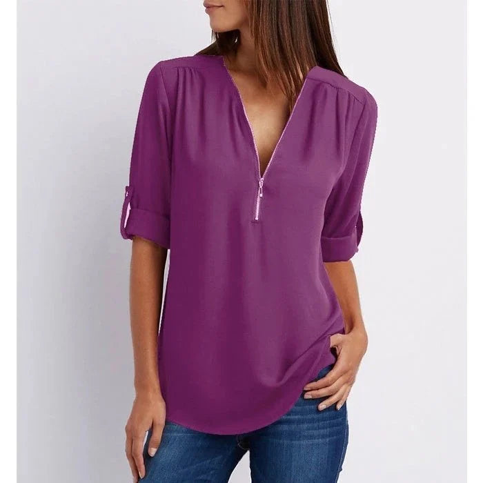 Vaosiala | Plus Size Blouse à manches 3/4 en vrac avec fermeture éclair