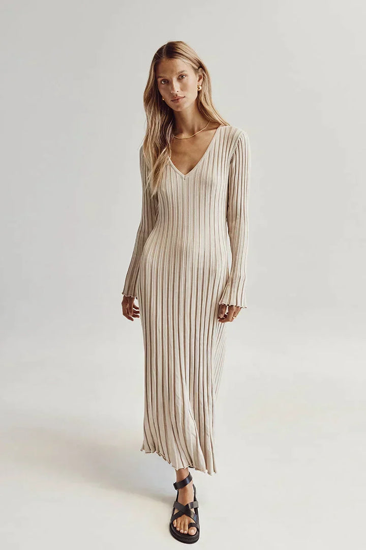 Roayaxa | Robe midi tricotée col V pour femmes