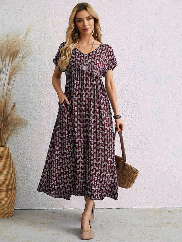 Luosiala | Robe à col V en lin et coton vintage