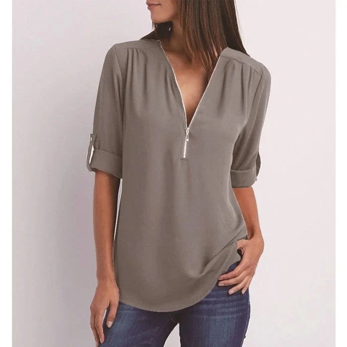 Vaosiala | Plus Size Blouse à manches 3/4 en vrac avec fermeture éclair
