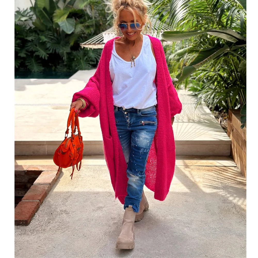 Aonna | Jacquard Tricoté Long Cardigan Casual Sans Boutons Pour Femme