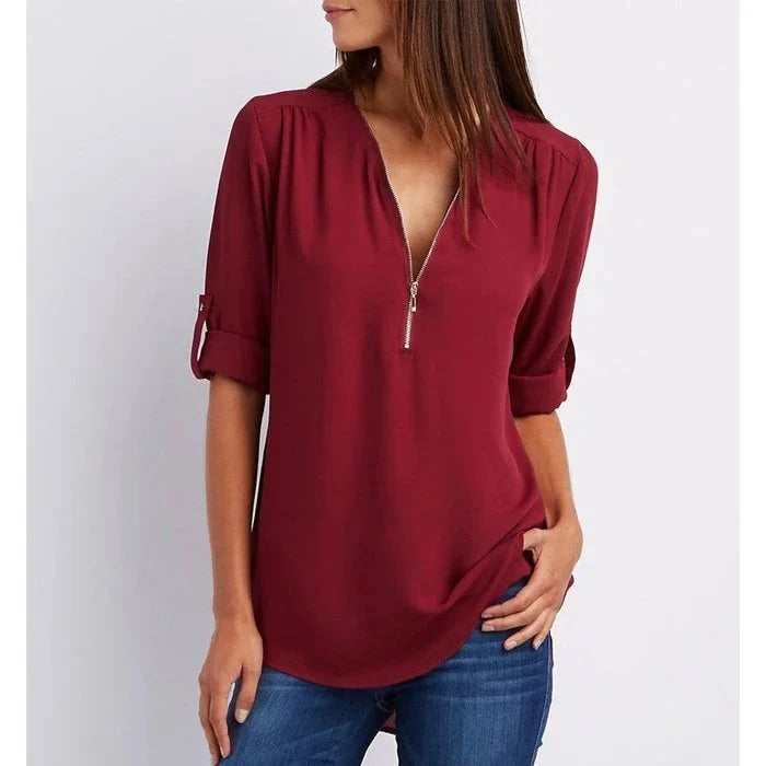 Vaosiala | Plus Size Blouse à manches 3/4 en vrac avec fermeture éclair