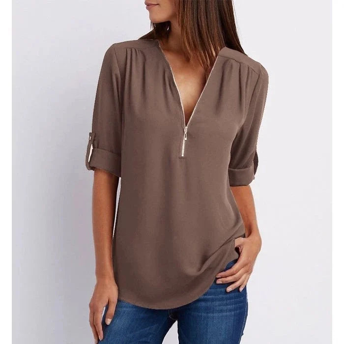 Vaosiala | Plus Size Blouse à manches 3/4 en vrac avec fermeture éclair