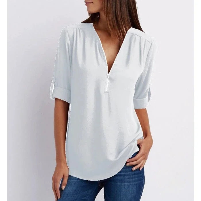 Vaosiala | Plus Size Blouse à manches 3/4 en vrac avec fermeture éclair
