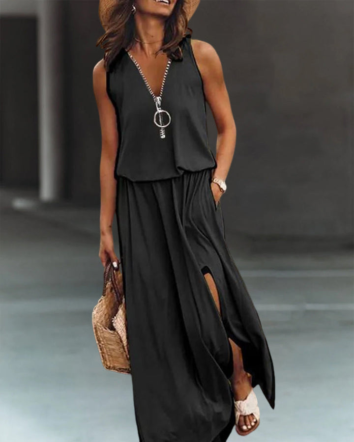 Valiara | Robe noire avec fermeture éclair et fente