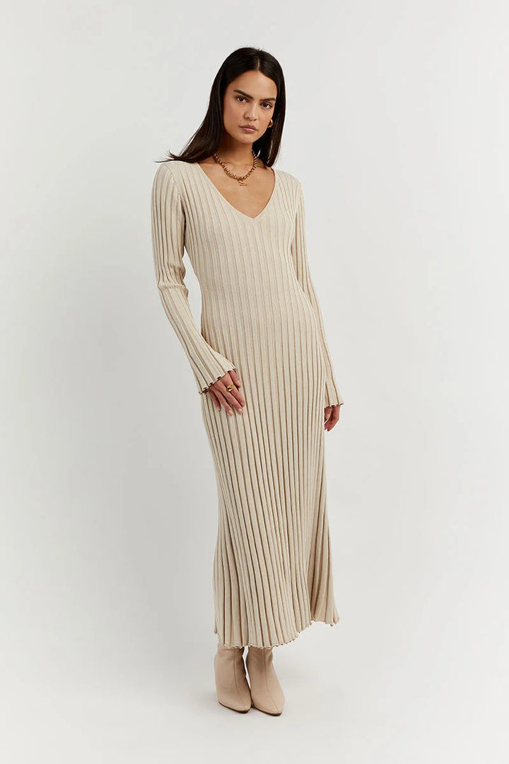 Roayaxa | Robe midi tricotée col V pour femmes