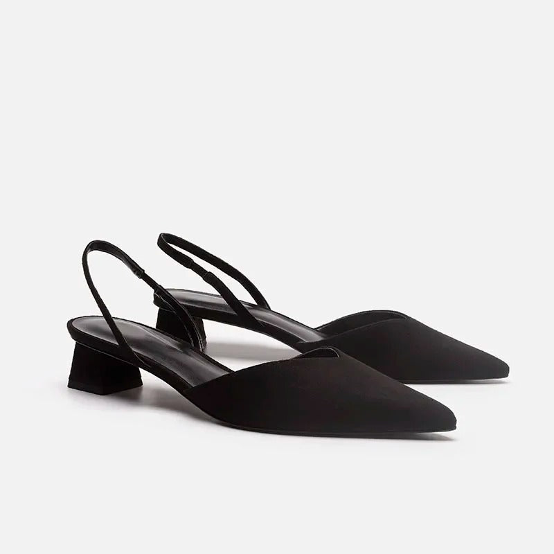 Sandales à talons hauts noir pour femme avec bout pointu, bride arrière et talon carré bas