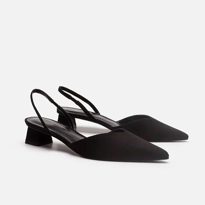 Sandales à talons hauts noir pour femme avec bout pointu, bride arrière et talon carré bas