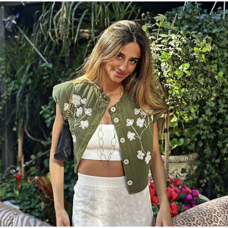 Seosiasa | Gilet vert avec impression de fleurs