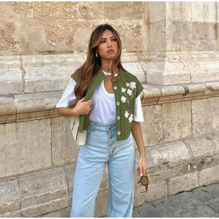 Seosiasa | Gilet vert avec impression de fleurs