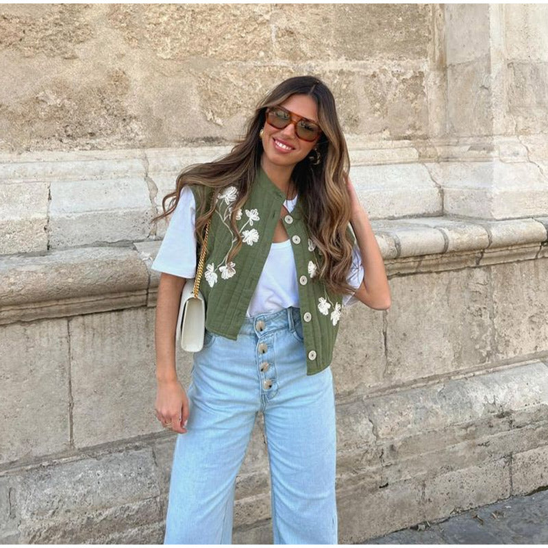 Seosiasa | Gilet vert avec impression de fleurs