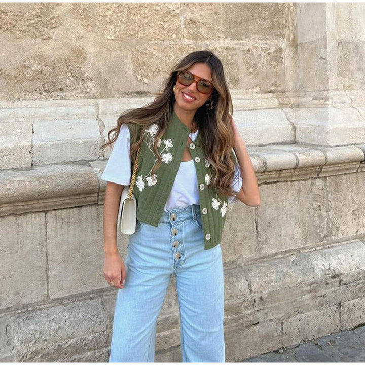 Seosiasa | Gilet vert avec impression de fleurs