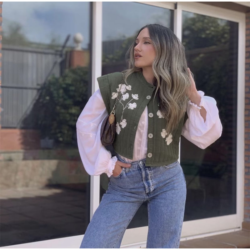 Seosiasa | Gilet vert avec impression de fleurs