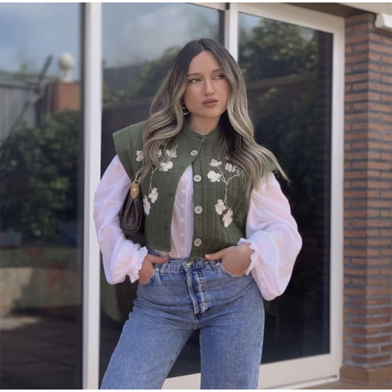 Seosiasa | Gilet vert avec impression de fleurs