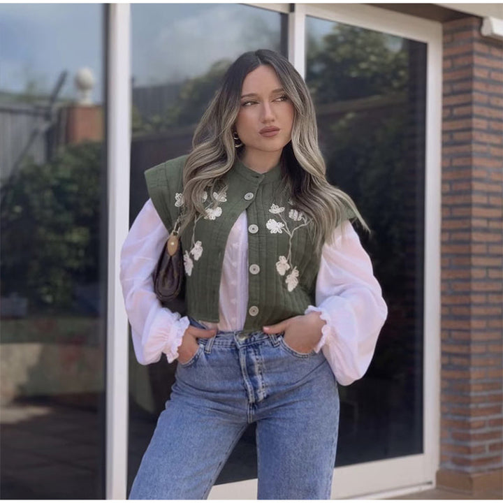 Seosiasa | Gilet vert avec impression de fleurs