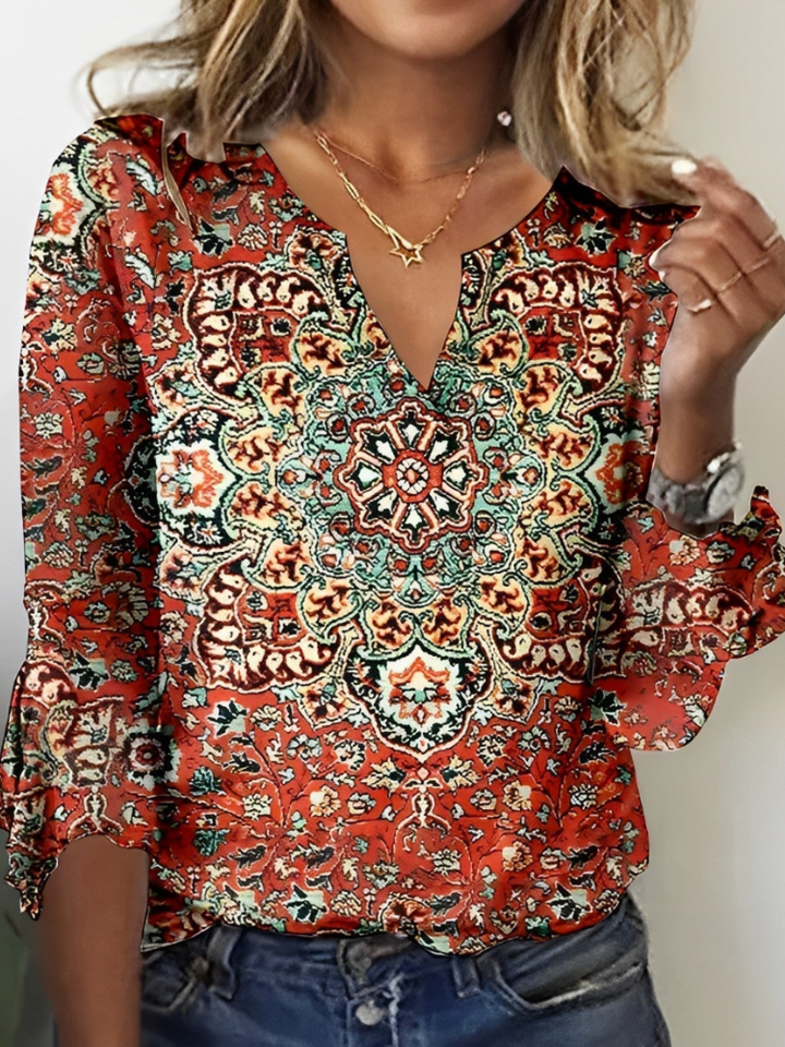 Maettana | T-shirt à Manches Évasées Imprimé Col V pour Femmes