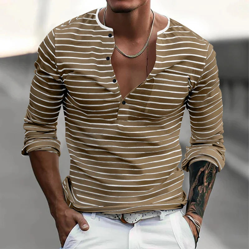 Raenam | Élégant Henley rayé pour hommes