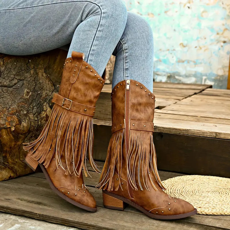 Luanaxa | Bottes Cowboy Élégantes à Franges pour Femme