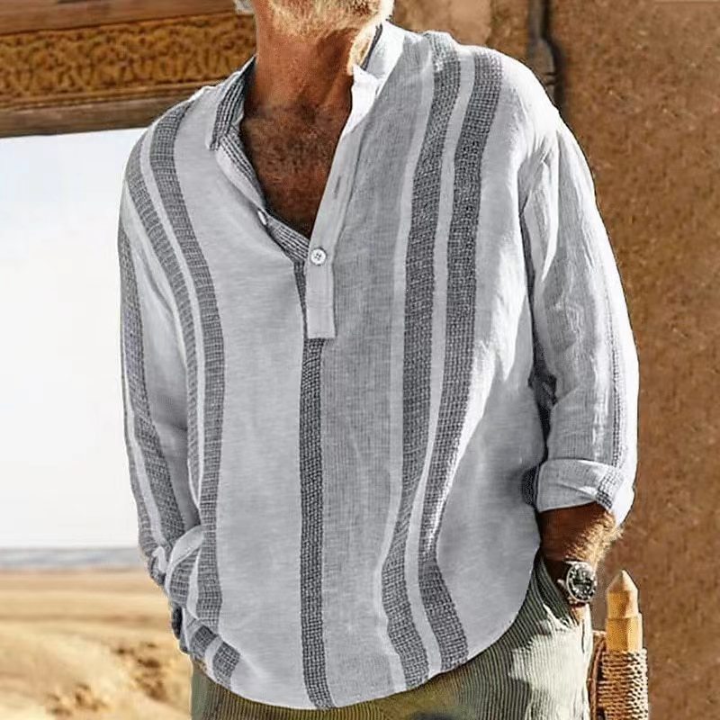 Chemise en lin gris pour homme avec rayures discrètes, col grand-père et coupe légère pour l’été