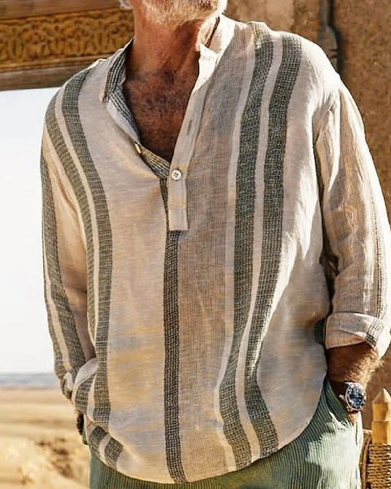 Chemise en lin khaki pour homme avec rayures verticales, col grand-père et manches longues retroussées