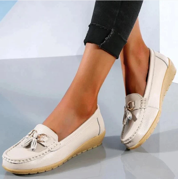 Chaussures orthopédiques femme beige Laoraexa en cuir, chaussures confortables pour usage quotidien
