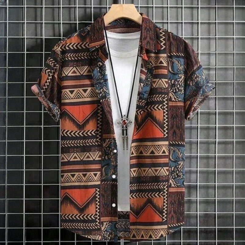 Chemise homme style hawaïen vintage avec imprimé géométrique marron et orange, col ouvert et coupe décontractée