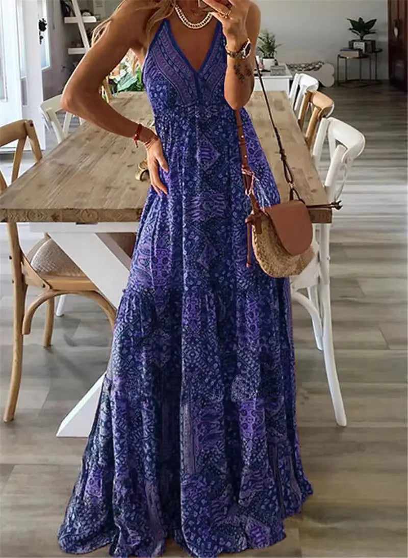 Robe fleurie imprimée bleu pour femme avec taille haute, coupe bohème fluide et imprimé floral élégant
