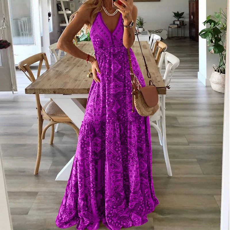 Robe fleurie pourpre pour femme avec taille haute, tissu léger et style bohème romantique