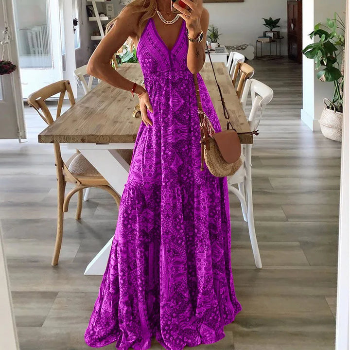 Robe fleurie pourpre pour femme avec taille haute, tissu léger et style bohème romantique