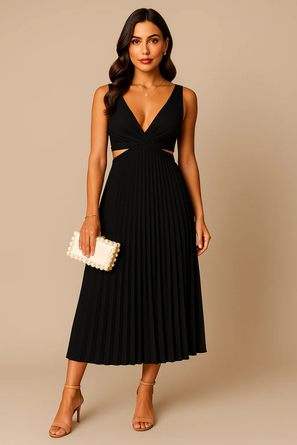 Robe midi noire élégante pour femme avec col en V et jupe plissée portée avec une pochette