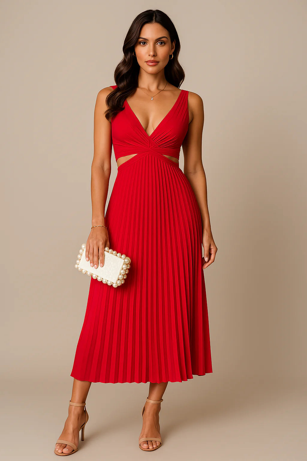 Vue de face d’une robe rouge élégante avec longueur midi et silhouette féminine