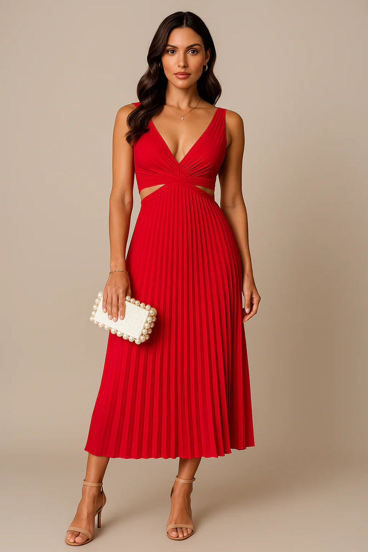 Vue de face d’une robe rouge élégante avec longueur midi et silhouette féminine
