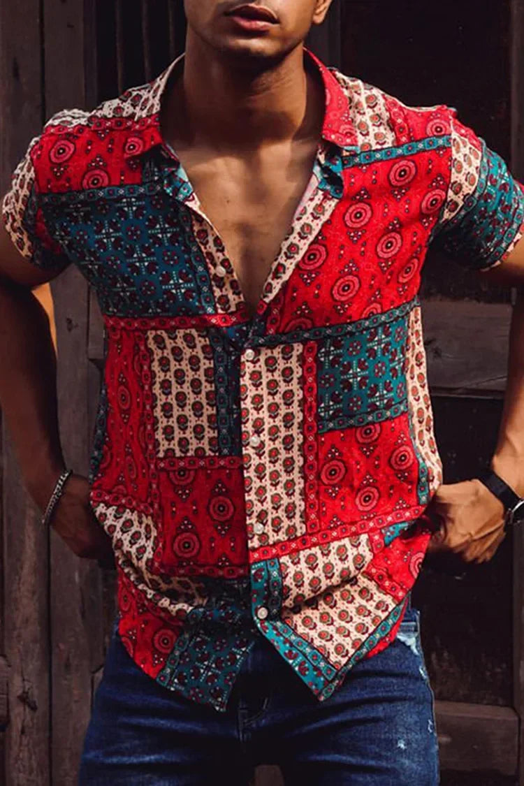Chemise rouge imprimée à manches courtes pour homme avec motifs graphiques et coupe légère estivale