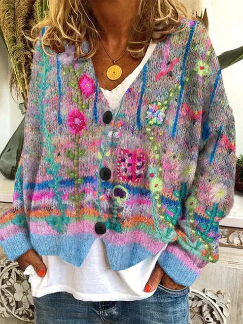 Gilet élégant bleu pour femme avec motifs colorés, fermeture boutonnée, col en V et coupe confortable porté sur un haut blanc