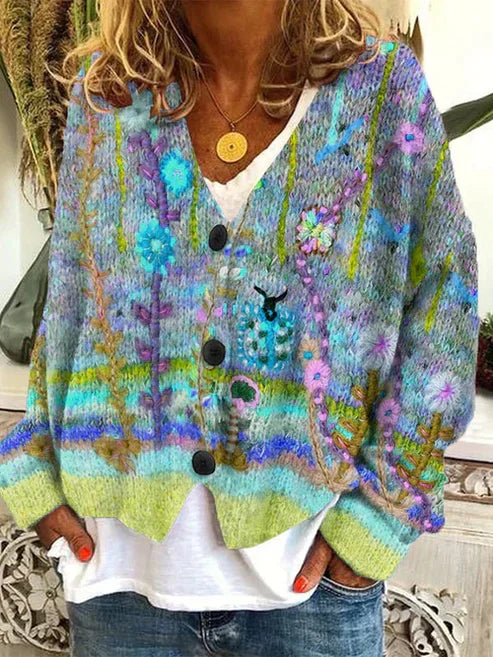 Gilet élégant vert pour femme avec imprimé multicolore, manches longues, fermeture boutonnée et style décontracté chic