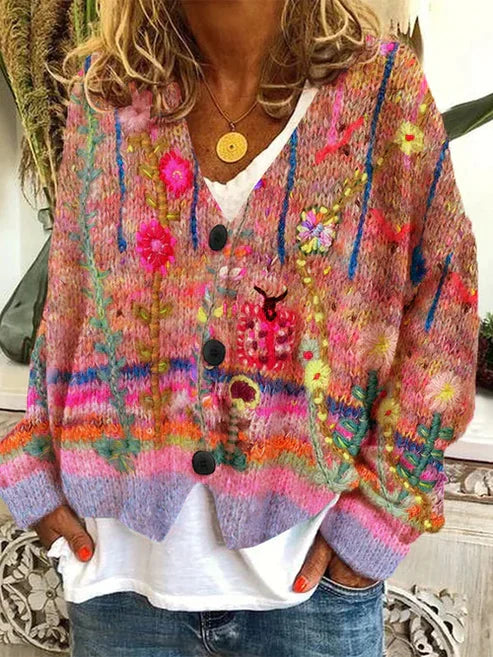Gilet élégant rouge pour femme avec motifs colorés, col en V, boutons sur le devant et coupe confortable pour un usage quotidien