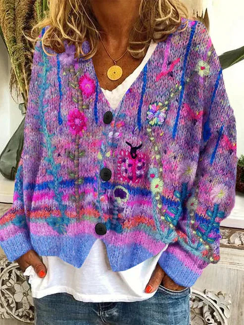 Gilet élégant lilas pour femme avec imprimé coloré, manches longues, fermeture boutonnée et silhouette féminine moderne