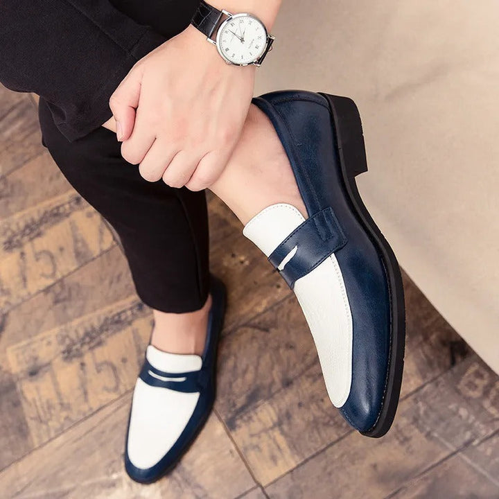 Mocassins homme bleu et blanc Muonnar, chaussures de ville au style raffiné