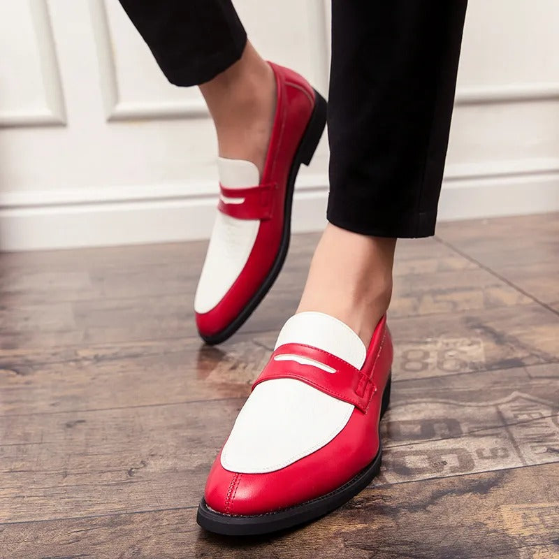 Mocassins homme rouge et blanc Muonnar, chaussures classiques au design audacieux