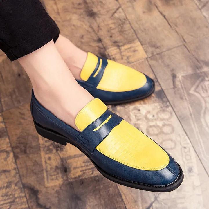 Chaussures basses homme bleu jaune Muonnar, mocassins élégants bicolores