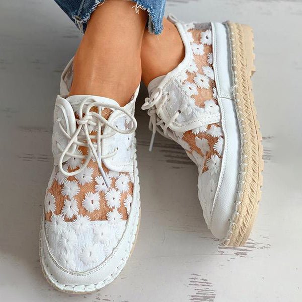 Vue arrière et latérale des chaussures orthopédiques blanches avec motif floral et plateforme confortable.